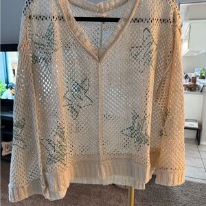 Cream Knit Sweater with Green Star Pattern
